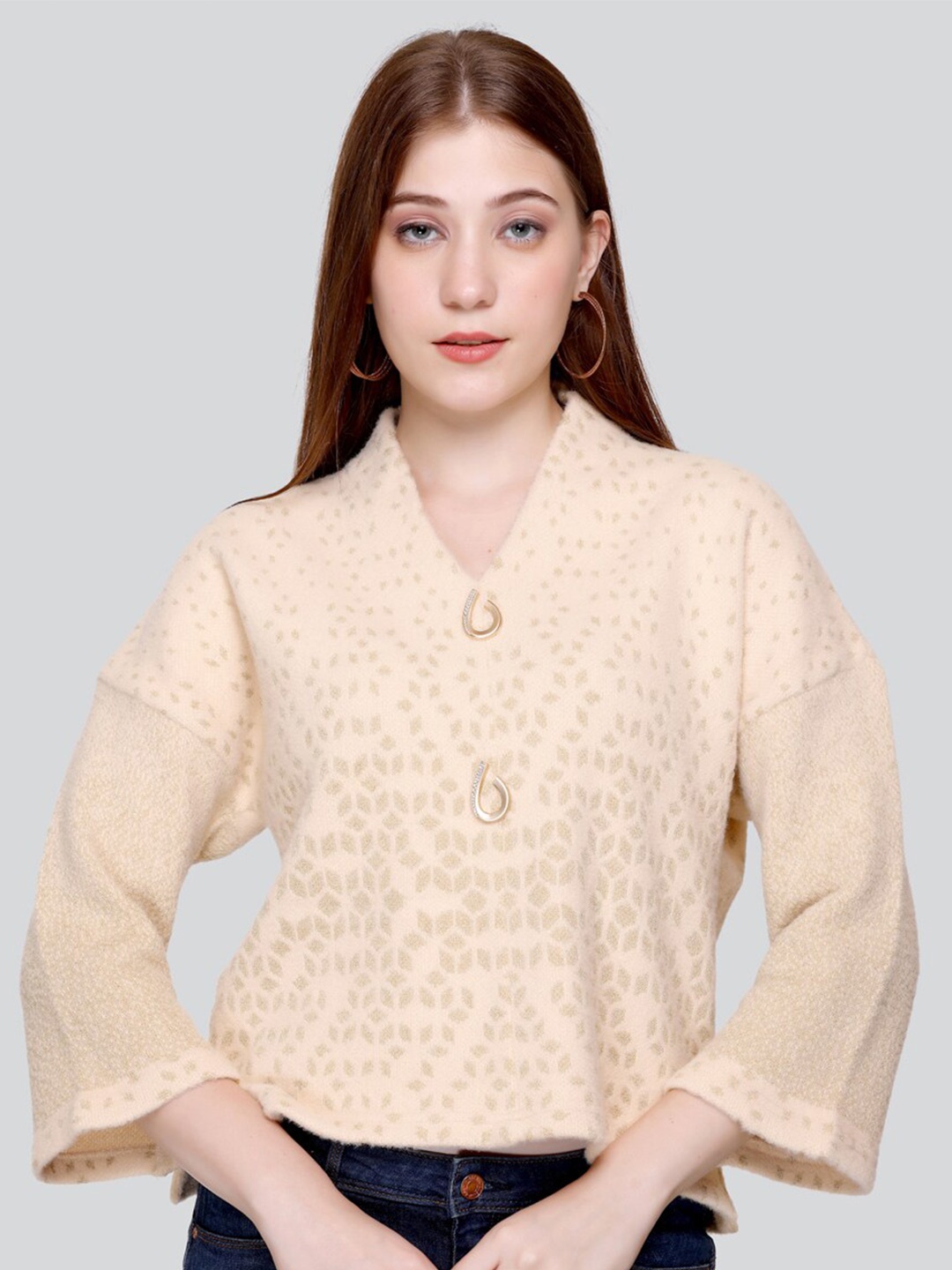 

Elthia Geometric Self Design V-Neck Woolen Top, Beige