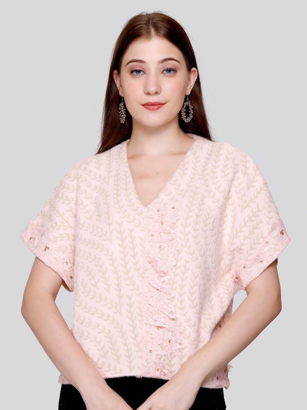 

Elthia Self Design Kimono Sleeves Woolen Top, Pink