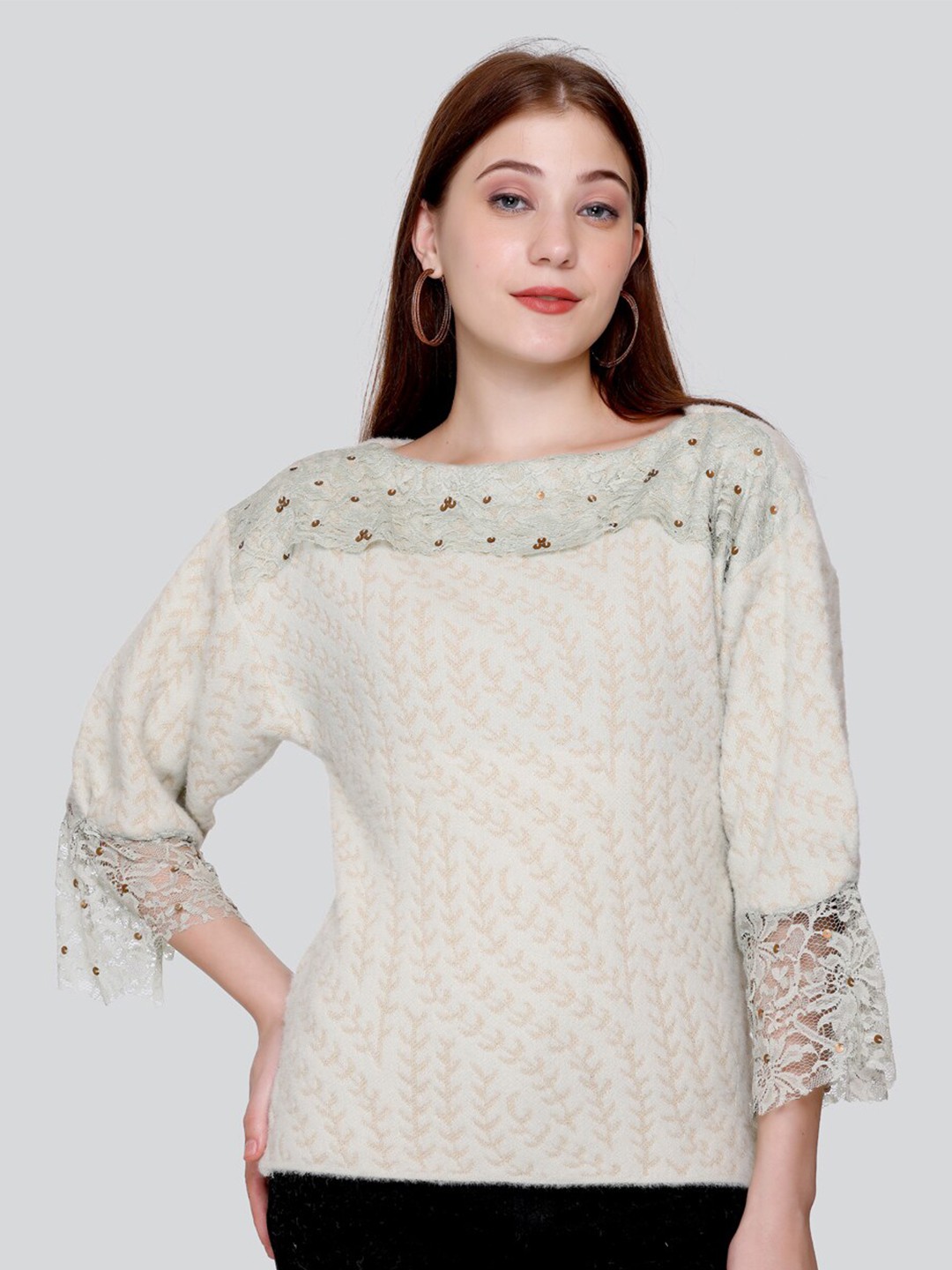 

Elthia Abstract Self Design Embellished Woolen Top, Green