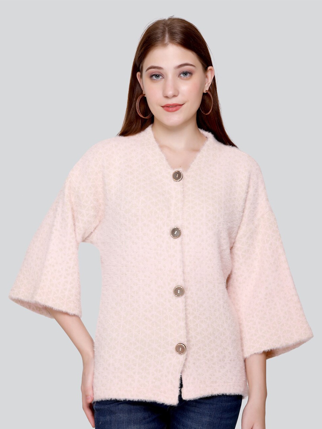 

Elthia Geometric Self Design Longline Woolen Top, Pink