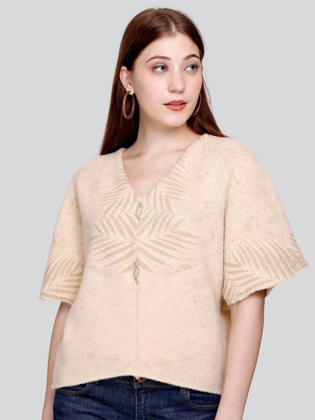 

Elthia Self Design V-Neck Extended Sleeves Woollen Velvet Kaftan Crop Top, Beige