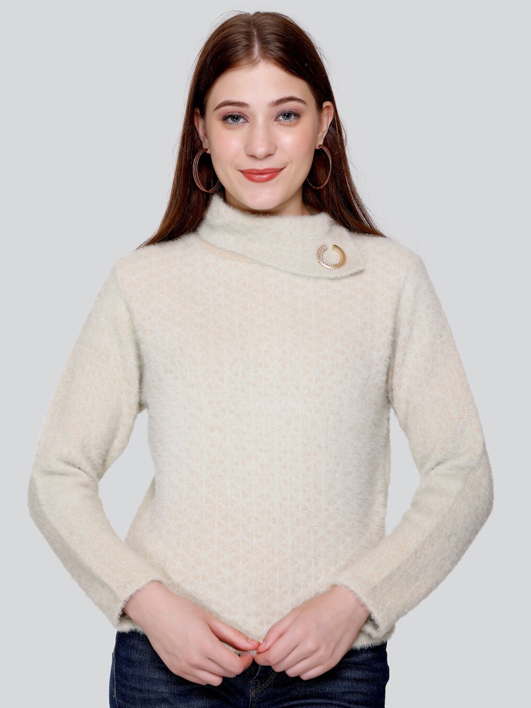 

Elthia Self Design High Neck Woollen Velvet Top, Beige