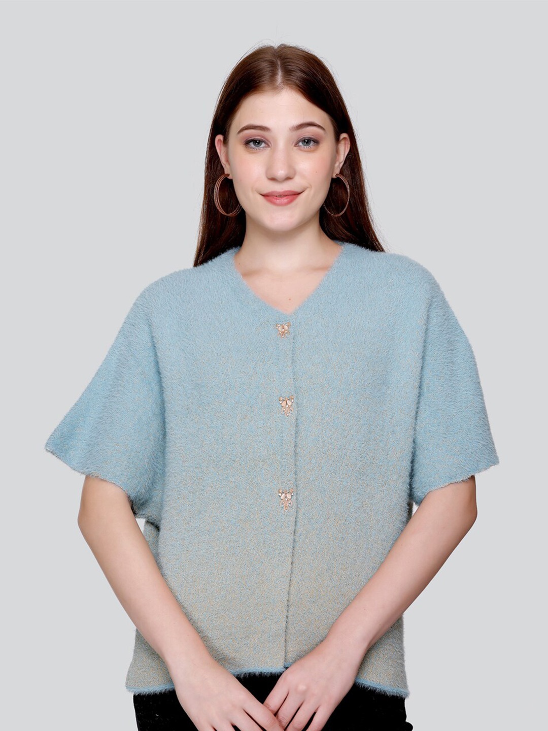 

Elthia Self Design V-Neck Extended Shoulder Sleeves Woollen Kaftan Top, Blue