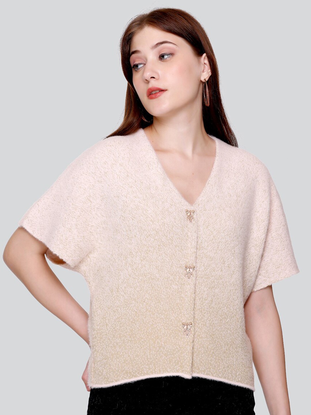 

Elthia Self Design V-Neck Extended Sleeves Woollen Velvet Kaftan Crop Top, Cream