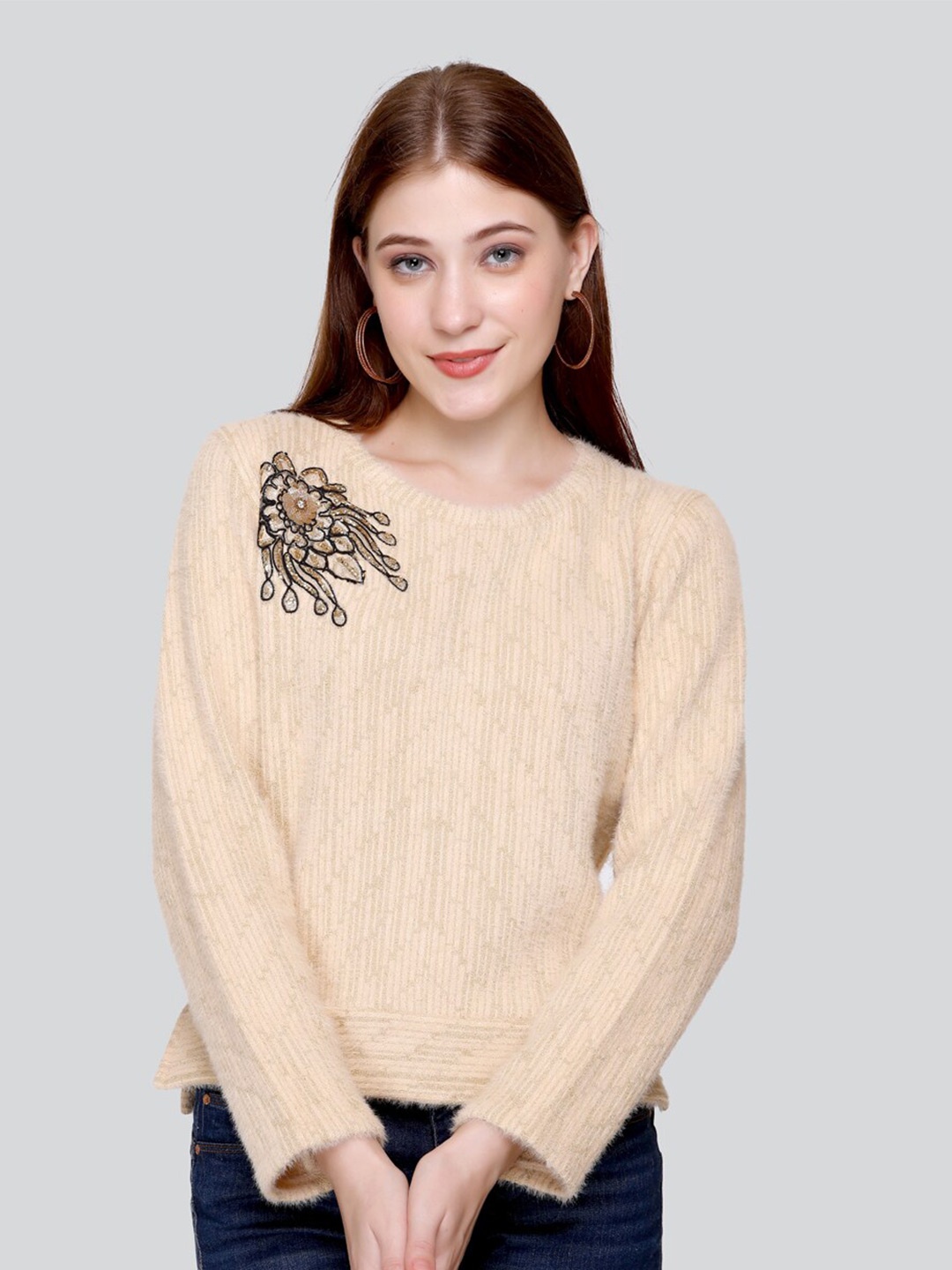 

Elthia Self Design Sequinned Woollen Velvet Winter Top, Beige