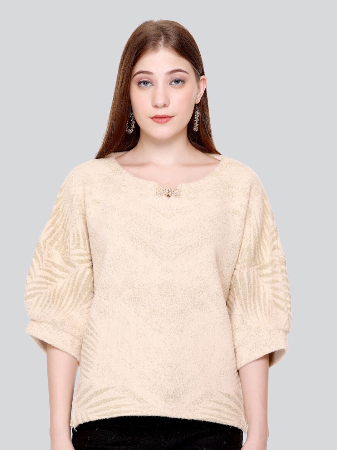

Elthia Self Design Woollen Velvet Top, Beige