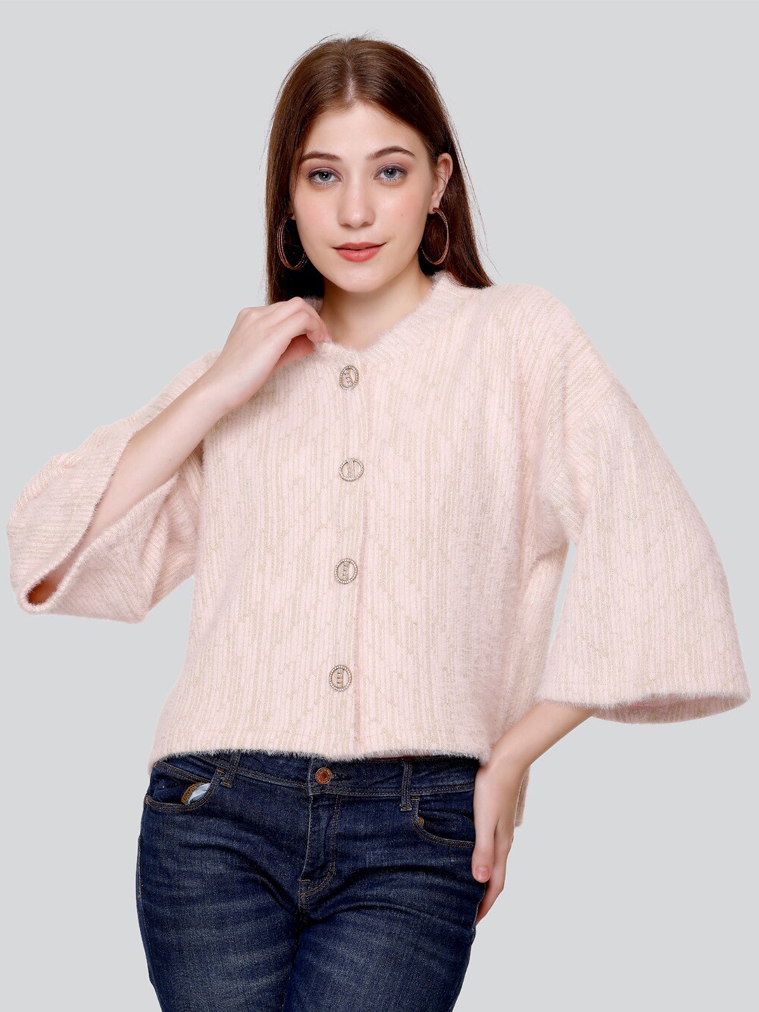 

Elthia Self Design Kimono Sleeve Woollen Velvet Shirt Style Top, Pink