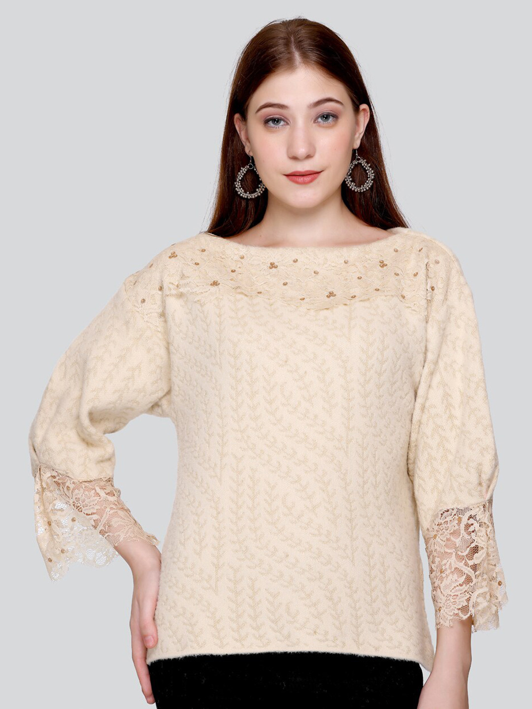 

Elthia Self Design Bell Sleeve Lace Inserts Detail Woollen Velvet Top, Beige