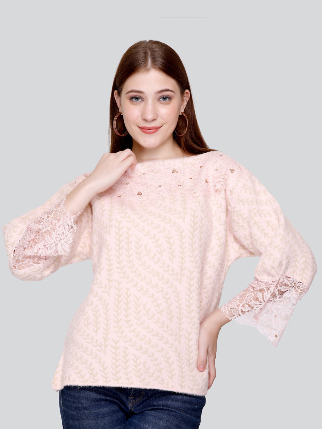 

Elthia Floral Printed Lace Inserts Woollen Velvet Top, Peach