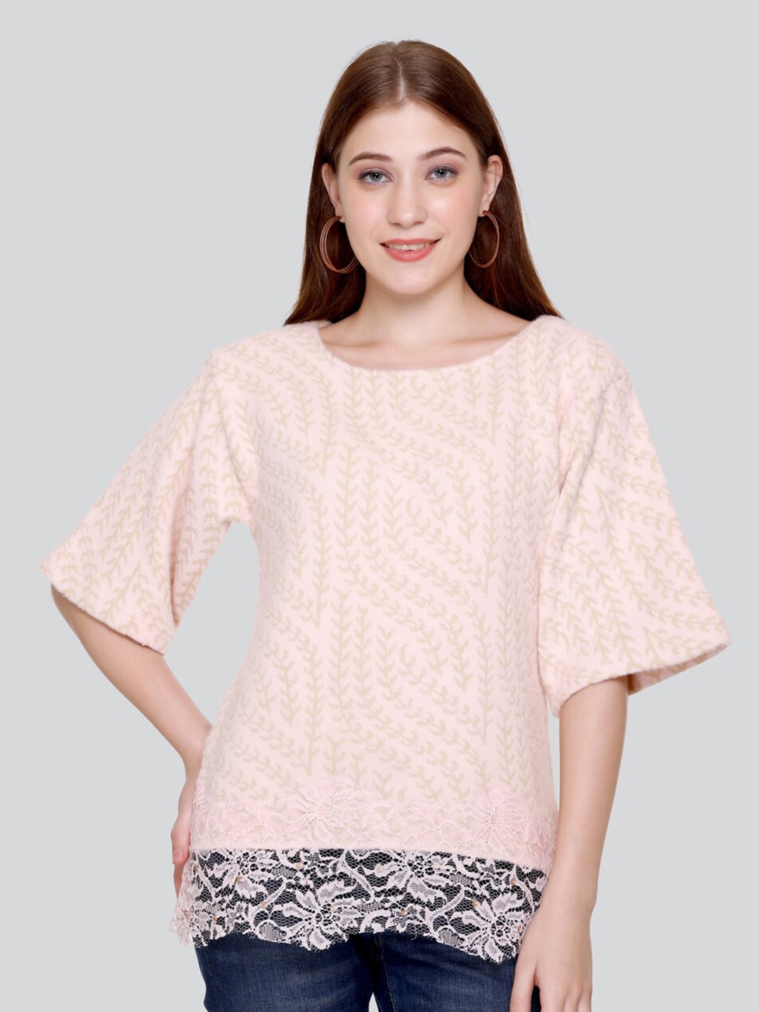 

Elthia Self Design Woollen Velvet Top, Pink