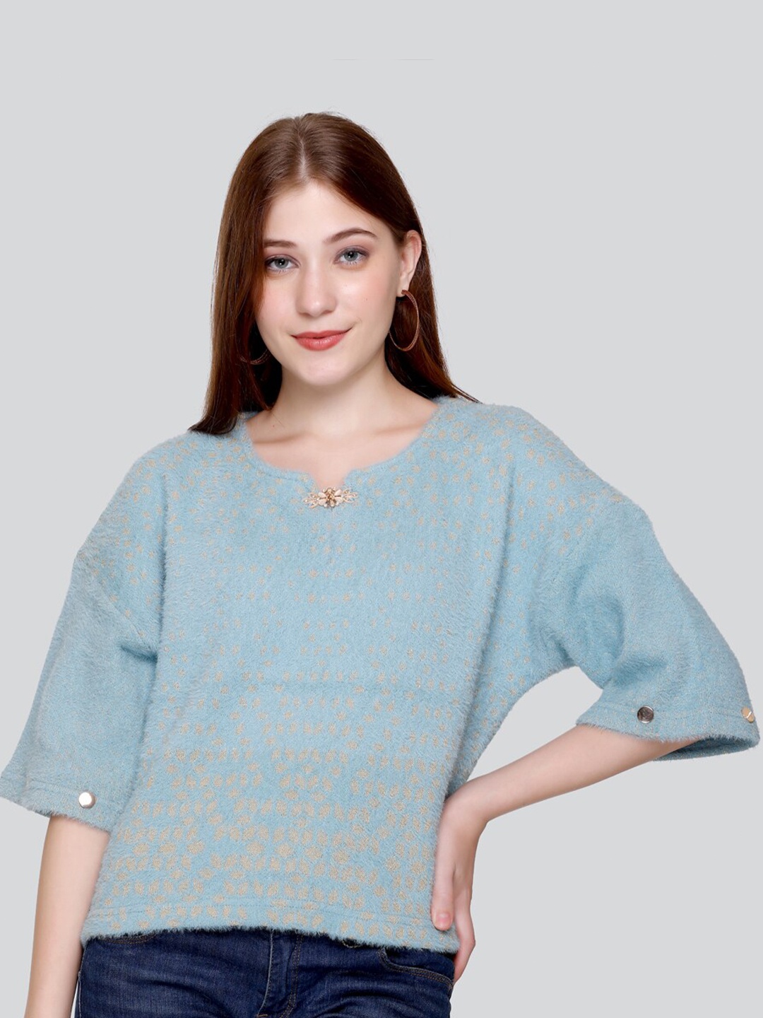 

Elthia Self Design Woollen Velvet Top, Teal