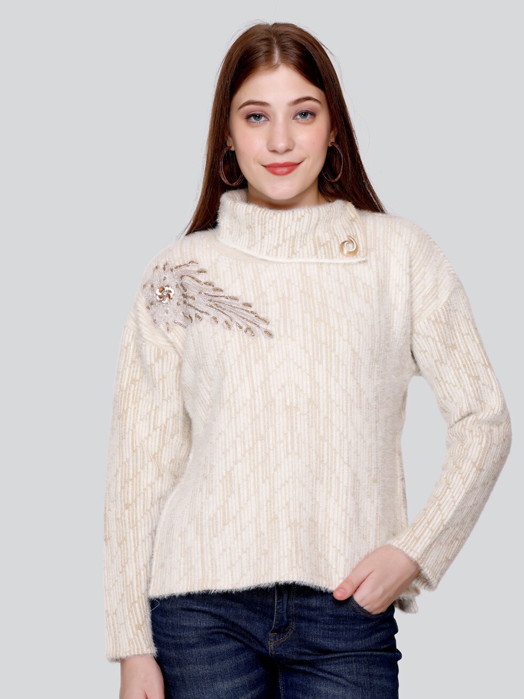 

Elthia Self Design High Neck Wool Top, Off white