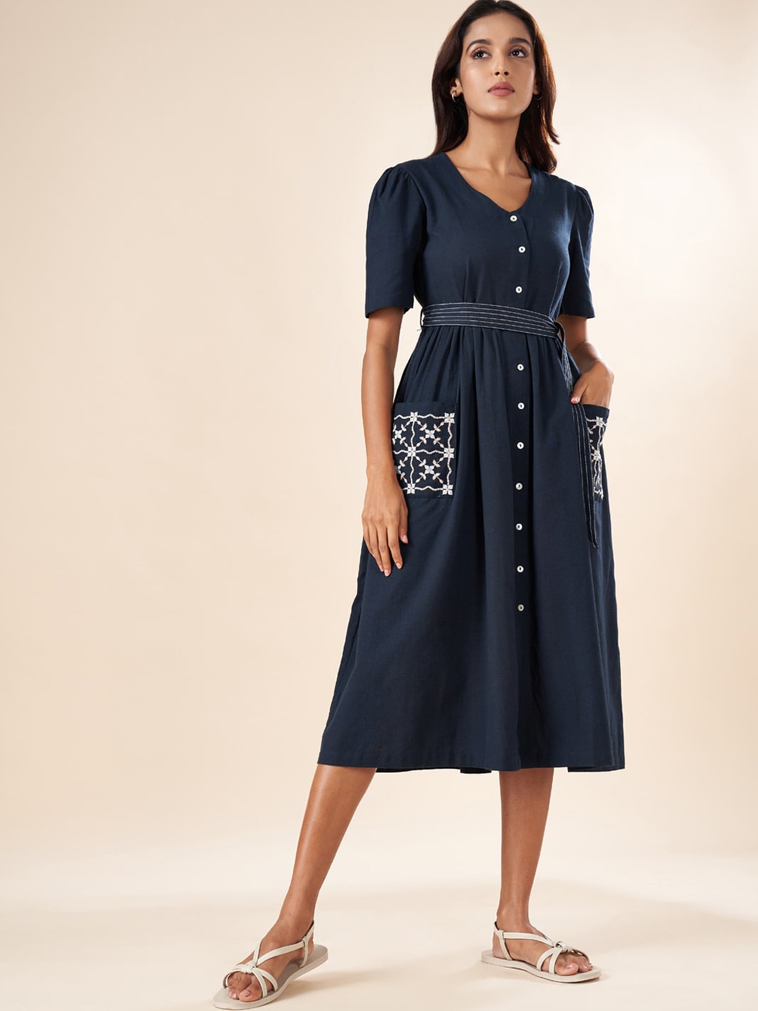 

AKKRITI BY PANTALOONS V-Neck Puff Sleeve Embroidered Cotton Fit & Flare Midi Dress, Navy blue