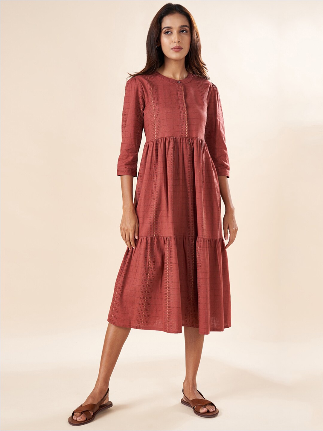 

AKKRITI BY PANTALOONS Checked Puff Sleeve Gathered Tiered Cotton A-Line Midi Dress, Rust