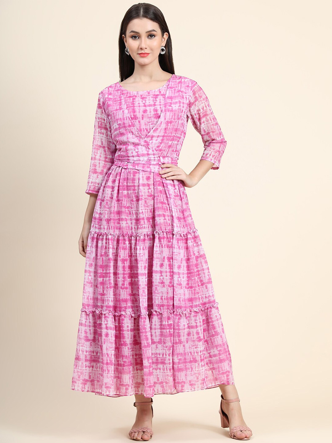 

BLACK SCISSOR Tie Dye Ruffled Tiered Georgette Fit & Flared Maxi Gown Ethnic Dress, Pink