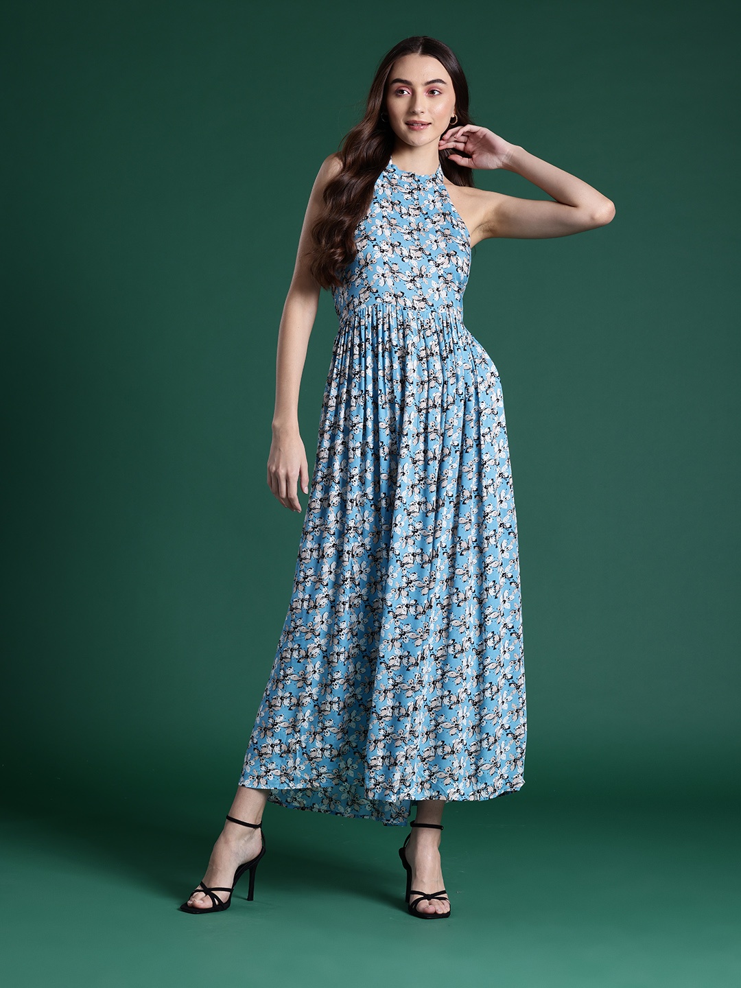 

DressBerry Floral Print A-Line Maxi Dress, Turquoise blue