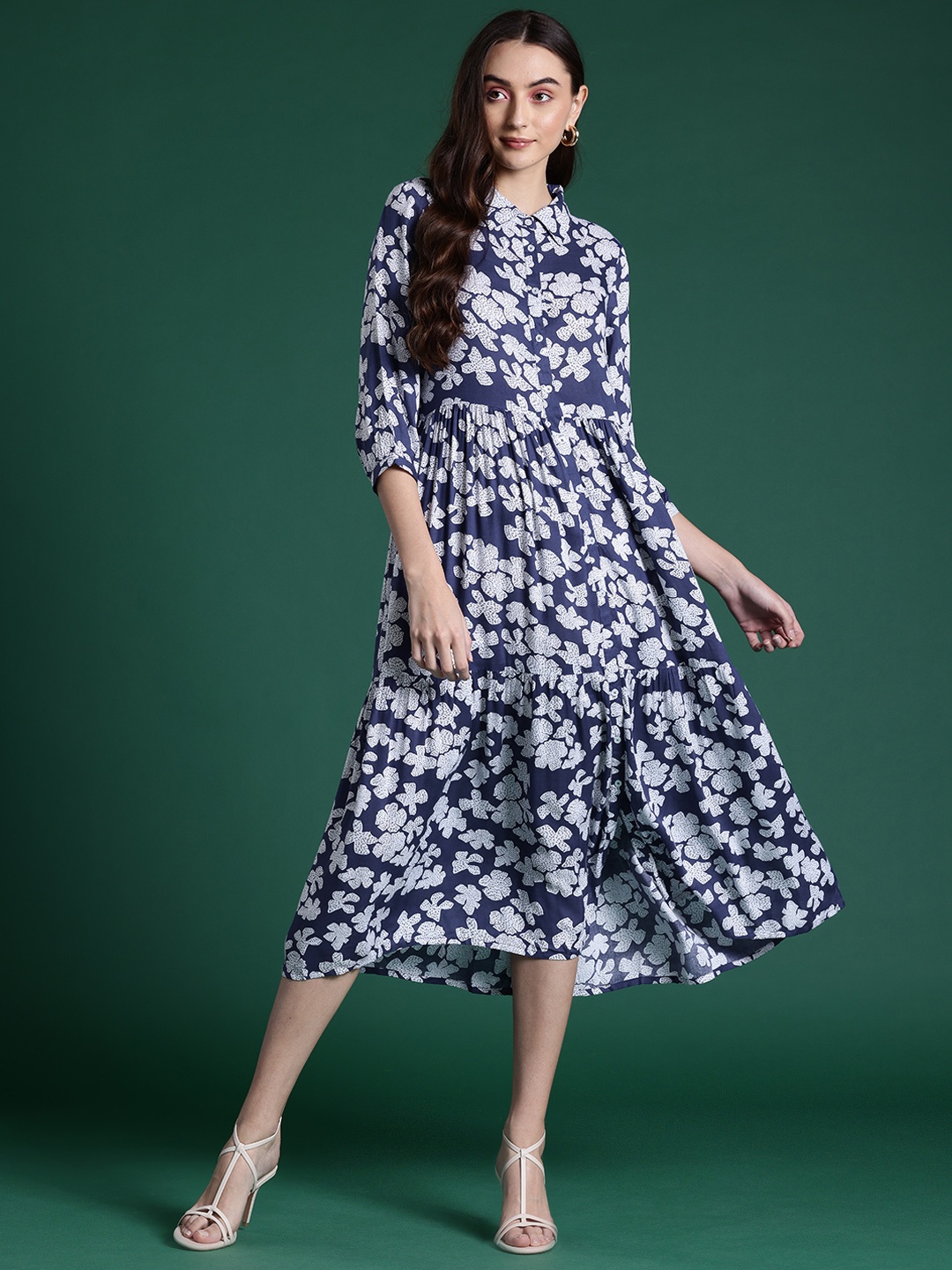

DressBerry Floral Print Shirt Midi Dress, Navy blue