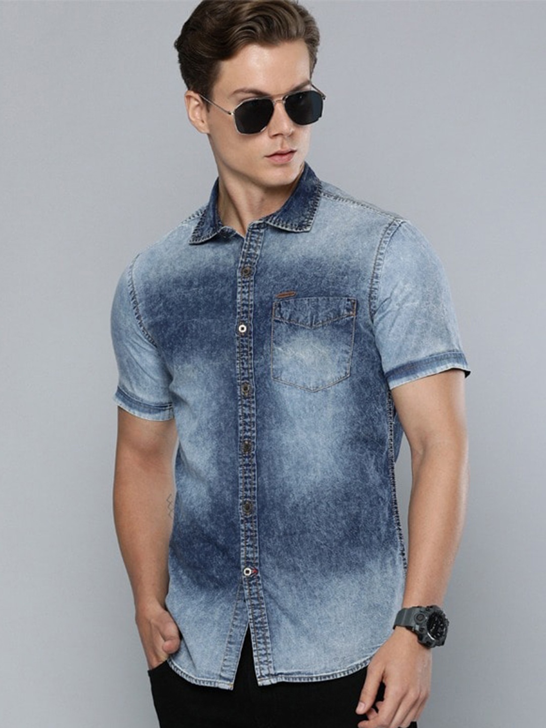 

American Bull Slim Fit Faded Spread Collar Pure Cotton Casual Shirt, Blue