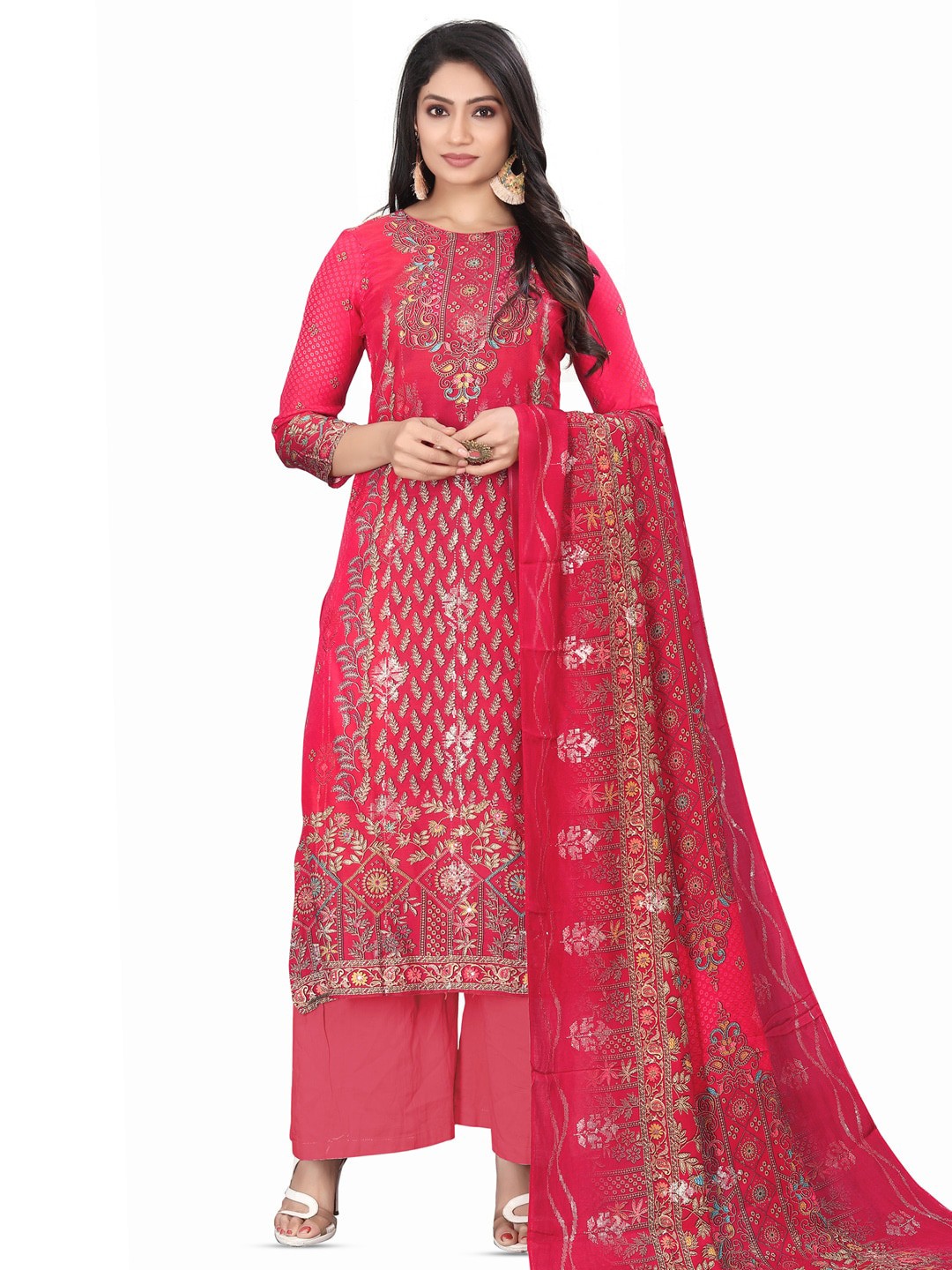 

Stylee LIFESTYLE Embroidered Pure Silk Unstitched Dress Material, Magenta