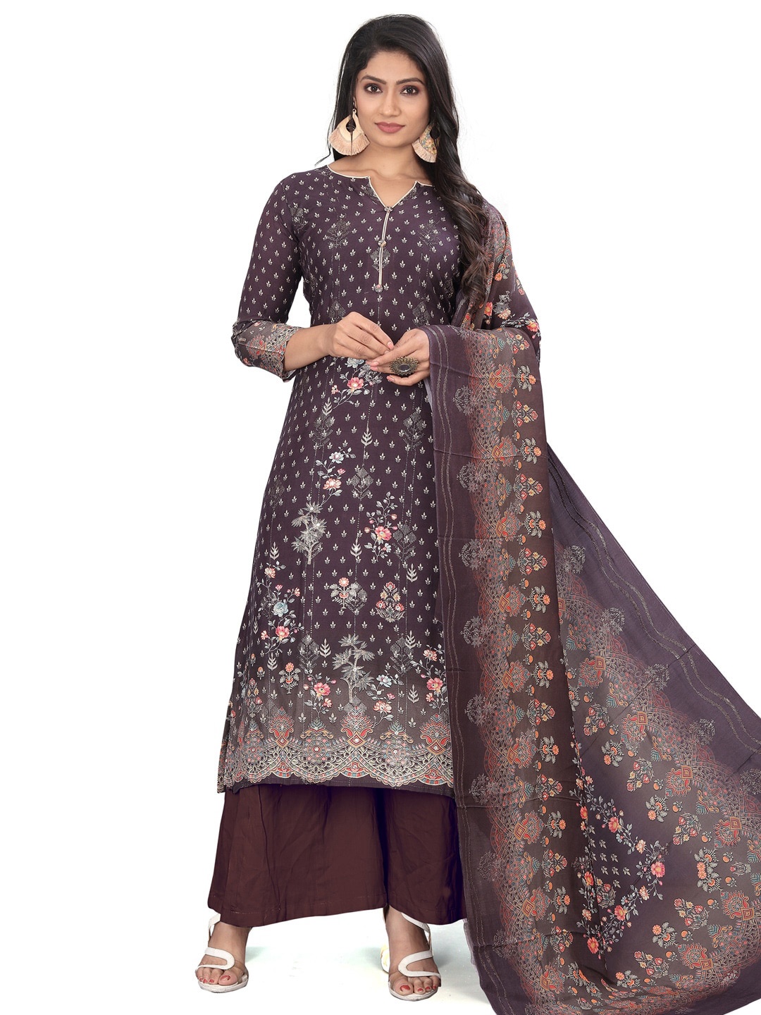 

Stylee LIFESTYLE Floral Printed Pure Silk Unstitched Dress Material, Brown