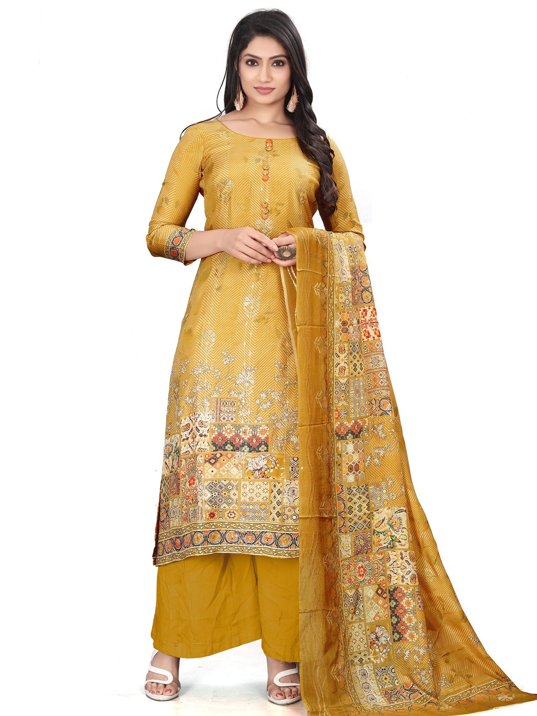 

Stylee LIFESTYLE Floral Printed Pure Silk Unstitched Dress Material, Mustard