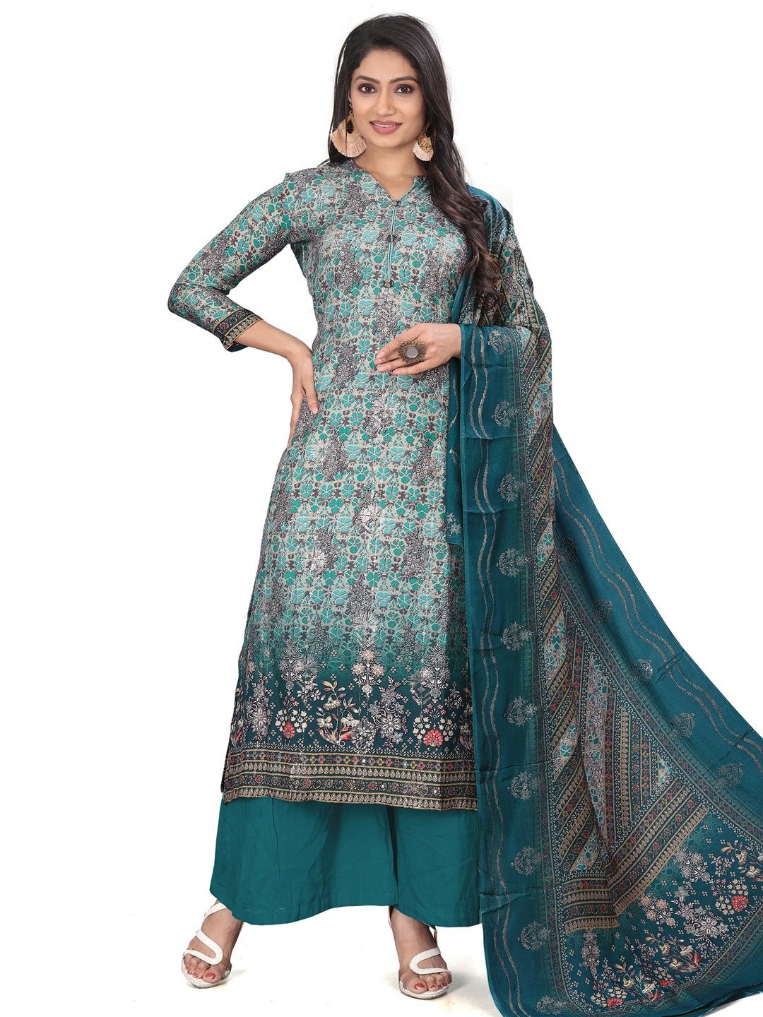 

Stylee LIFESTYLE Floral Printed Pure Silk Unstitched Dress Material, Green