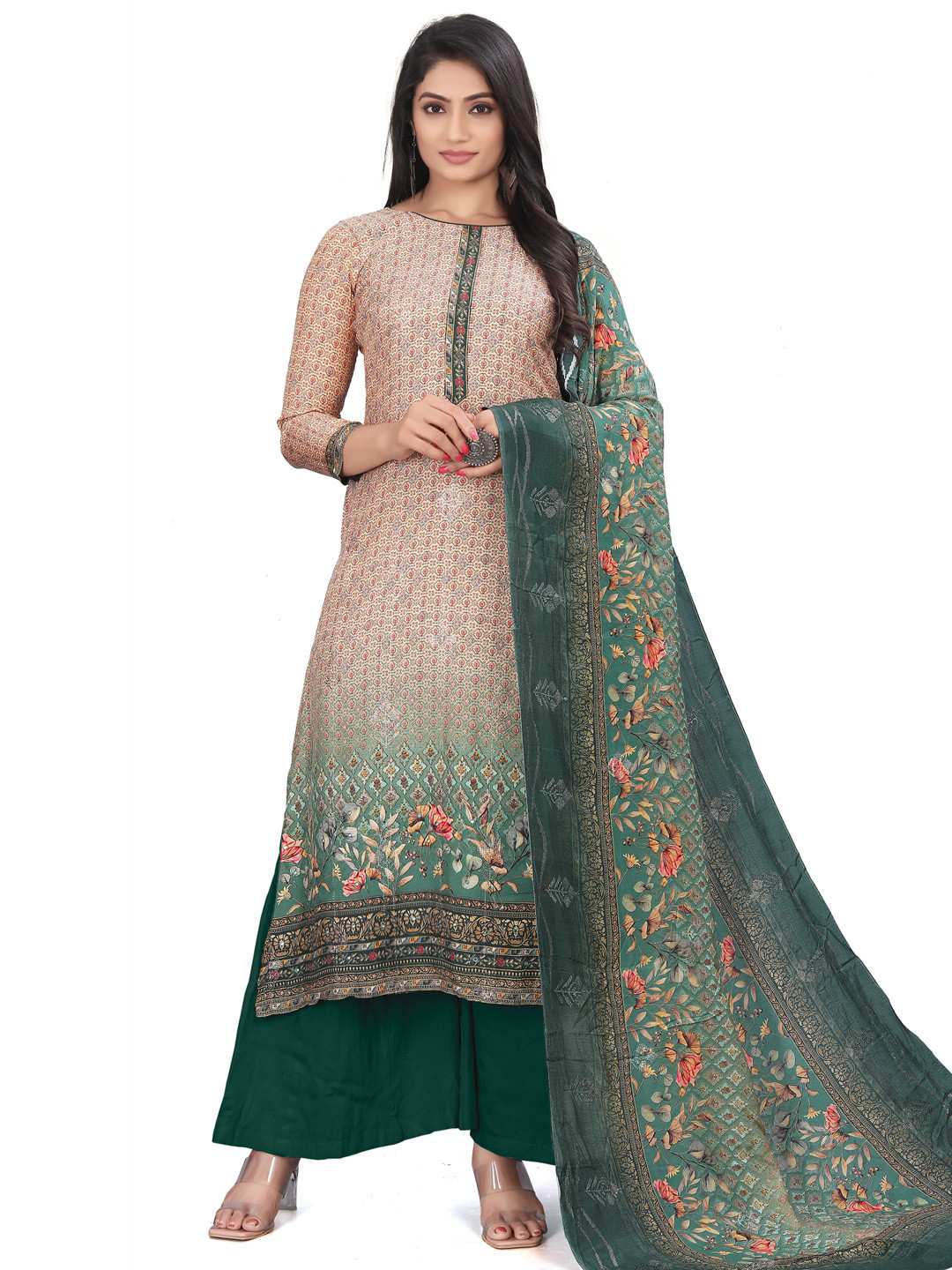

Stylee LIFESTYLE Floral Printed Pure Silk Unstitched Dress Material, Beige
