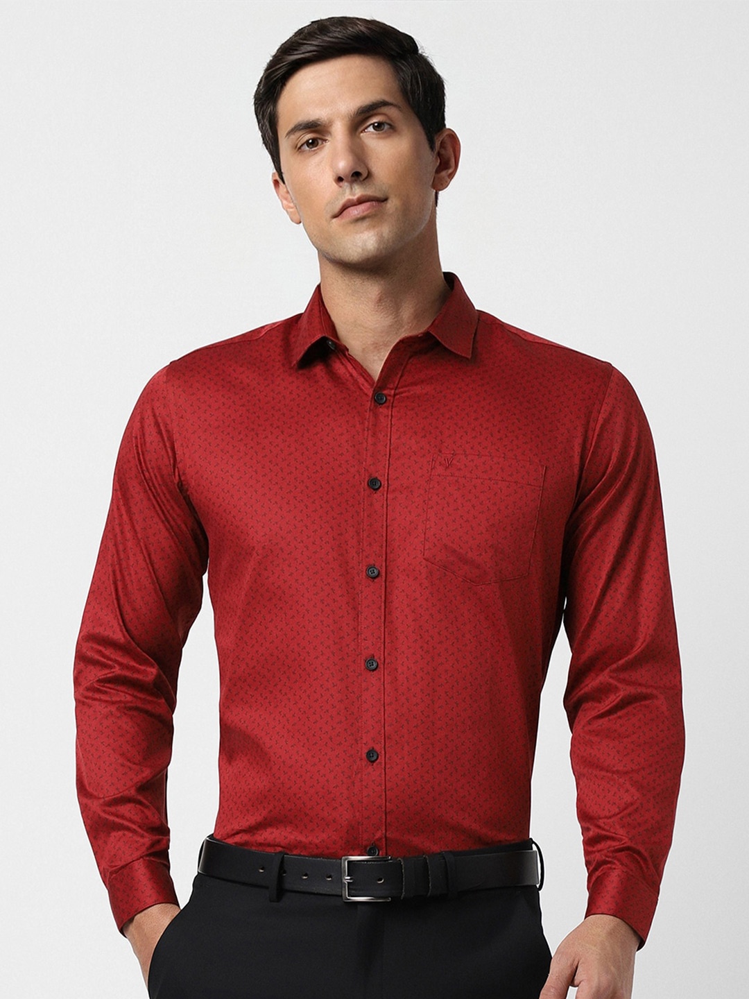 V Dot Slim Fit Micro Ditsy Printed Pure Cotton Formal Shirt, Red