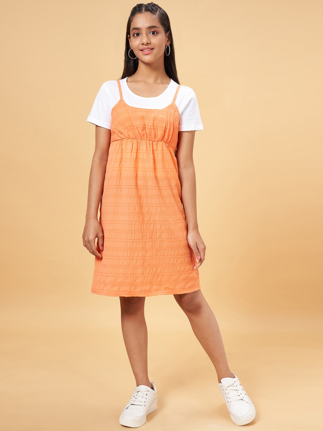 

Coolsters by Pantaloons Striped Shoulder Straps Cotton Pinafore Dress, Orange