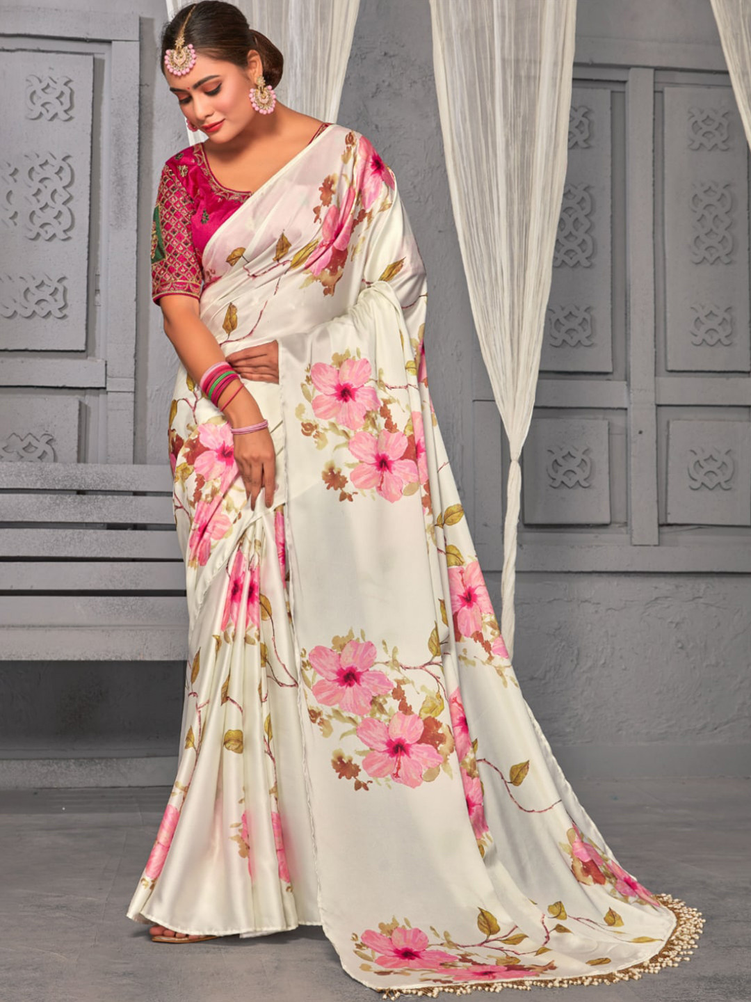 

Chhabra 555 Floral Printed Satin Sarees, White
