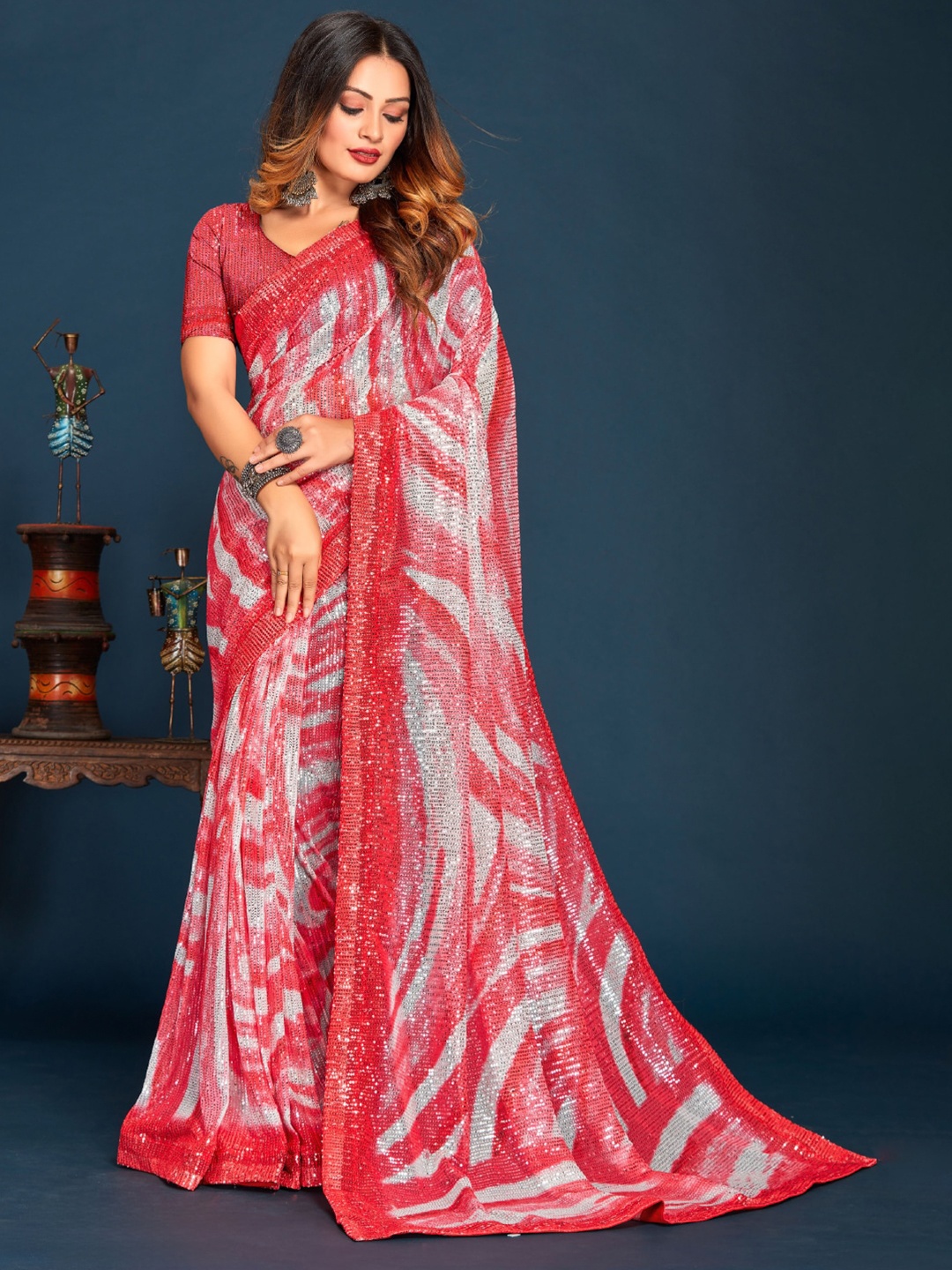 

Chhabra 555 Striped Sequinned Detailed Lycra Saree, Red