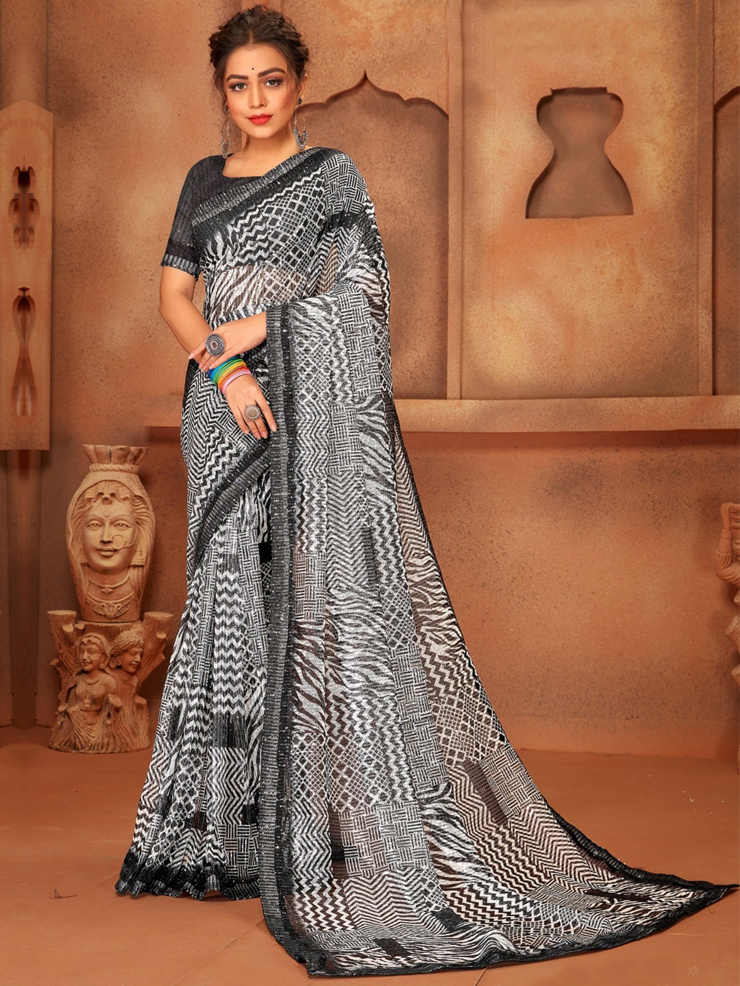 

Chhabra 555 Geometric Printed Sequinned Detailed Lycra Saree, Black