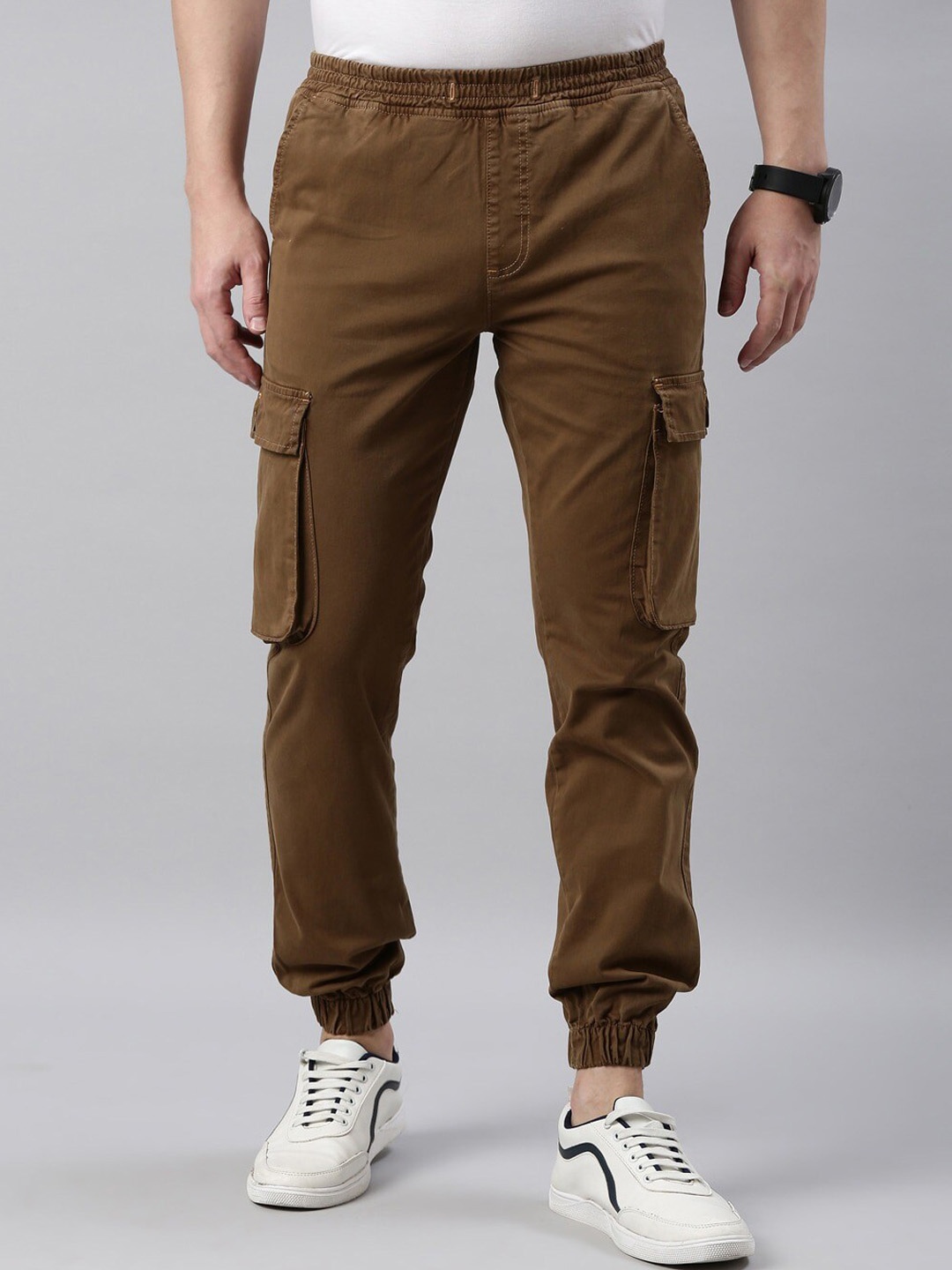 

American Bull Men Mid-Rise Slim Fit Cargos Trousers, Brown