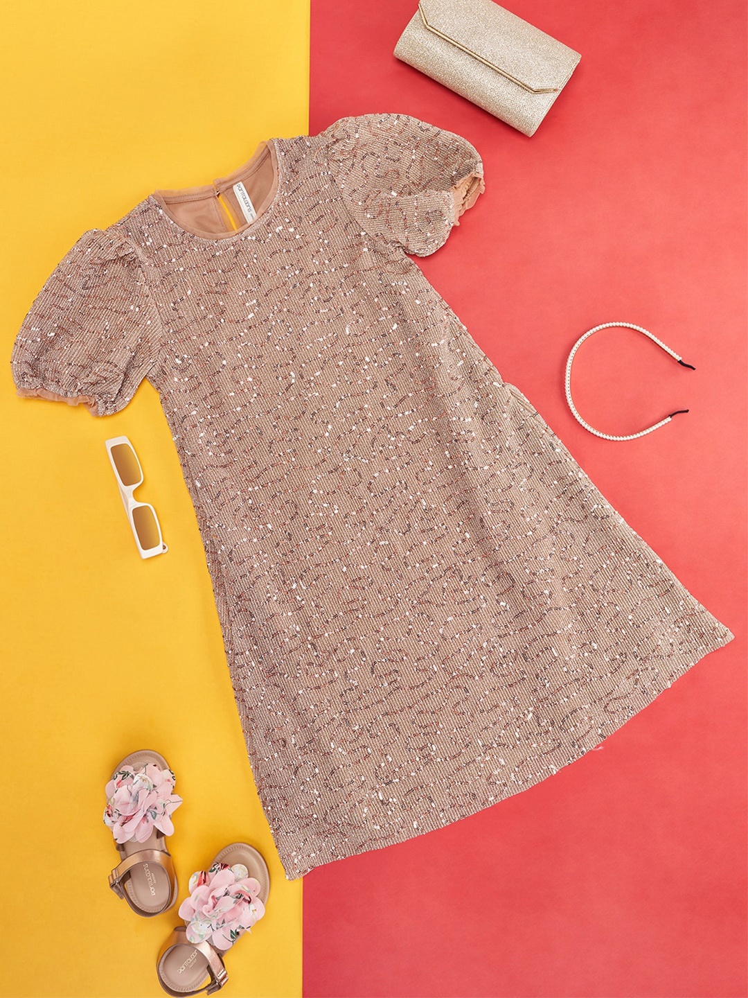 

Pantaloons Junior Girls Embellished Sequined Puff Sleeve Bling & Sparkly A-Line Dress, Rose gold