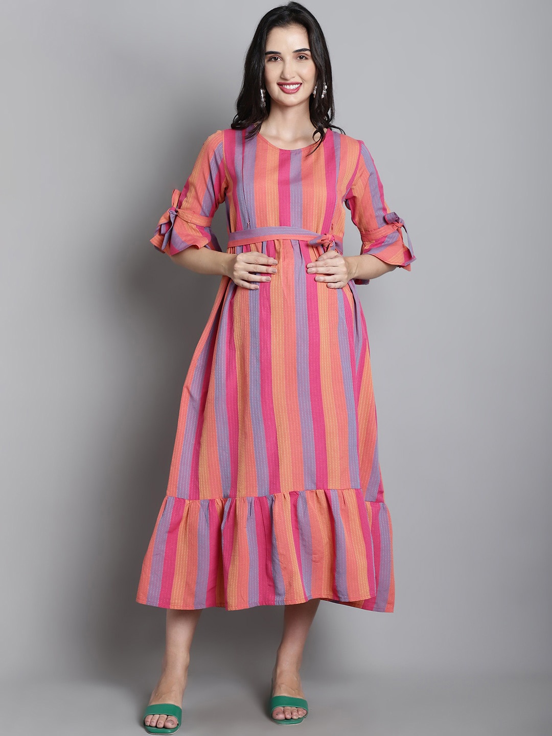 Moms Maternity Striped Bell Sleeve Maternity Khadi Cotton Fit & Flare Midi Dress, Pink