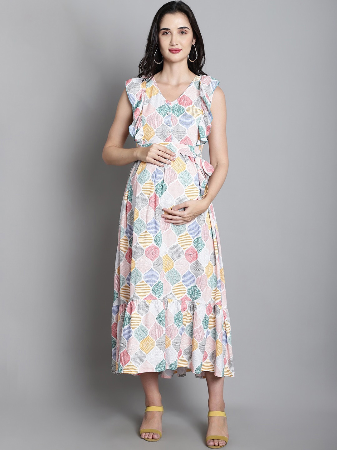 

Moms Maternity Abstract Printed Tie-Up Fit & Flare Maternity Maxi Dress, Off white