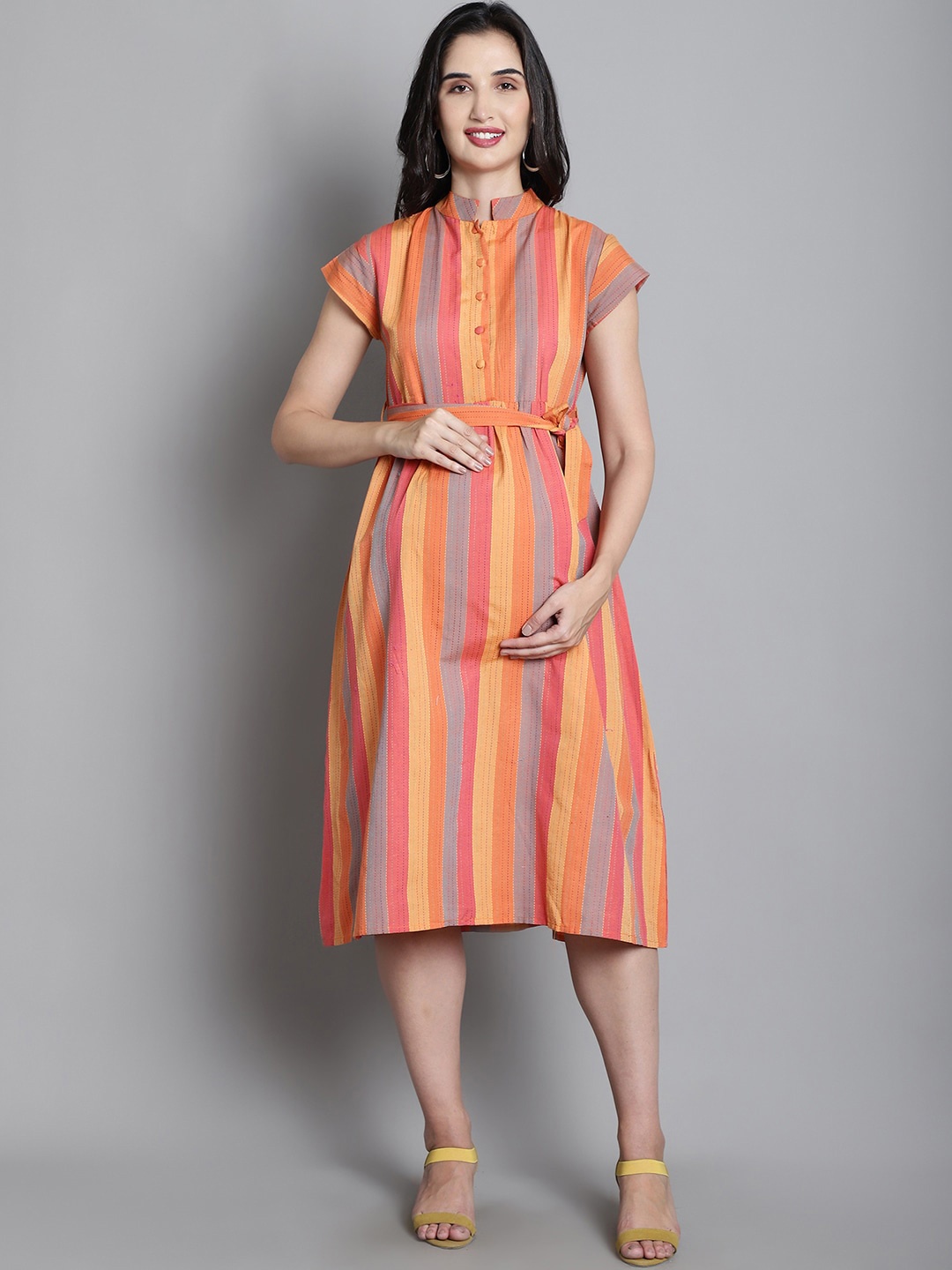 

Moms Maternity Striped Tie-Up Cotton Fit & Flare Midi Dress, Orange
