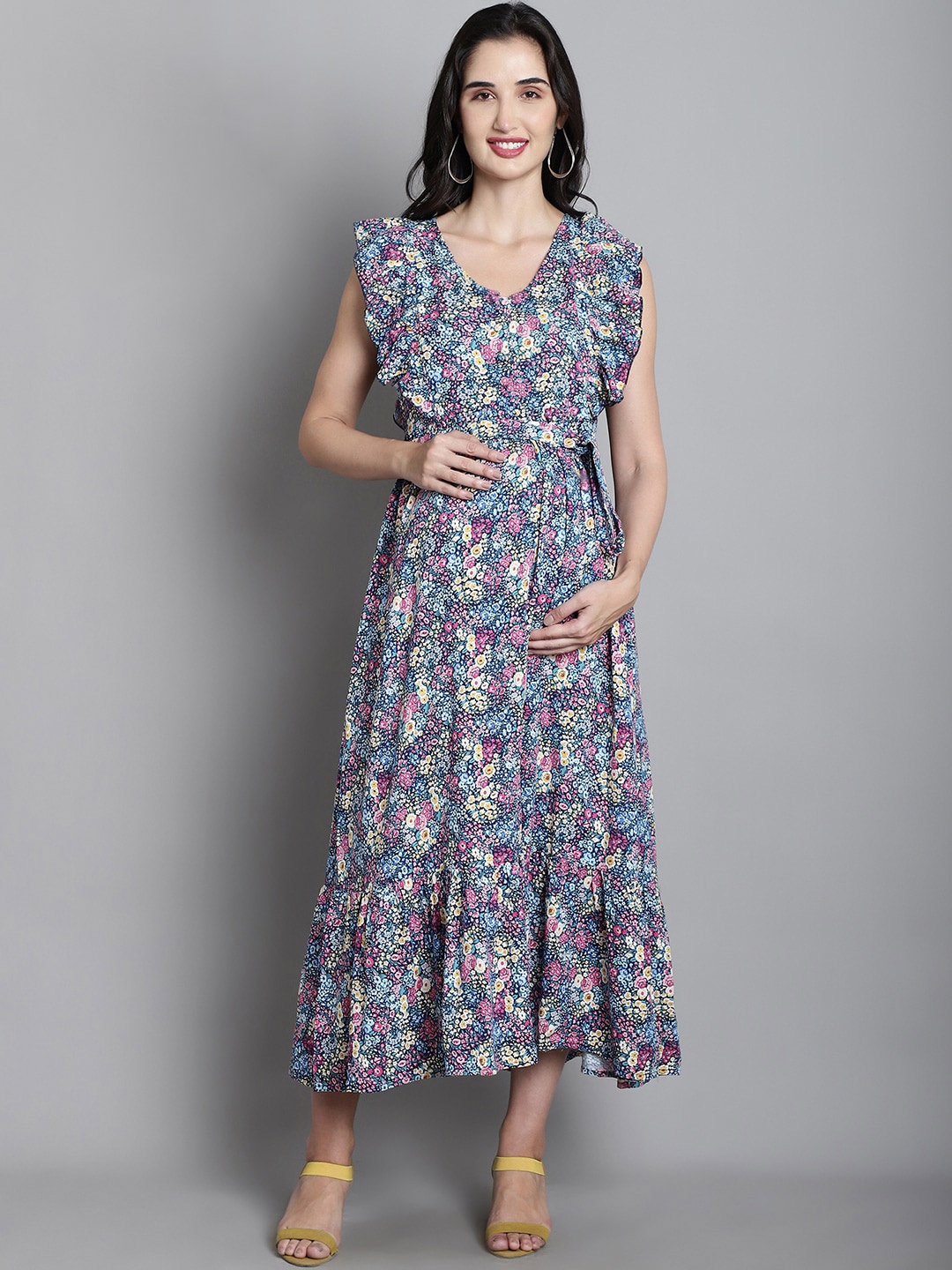

Moms Maternity Floral Printed Tie-Up Fit & Flare Maternity Maxi Dress, Blue
