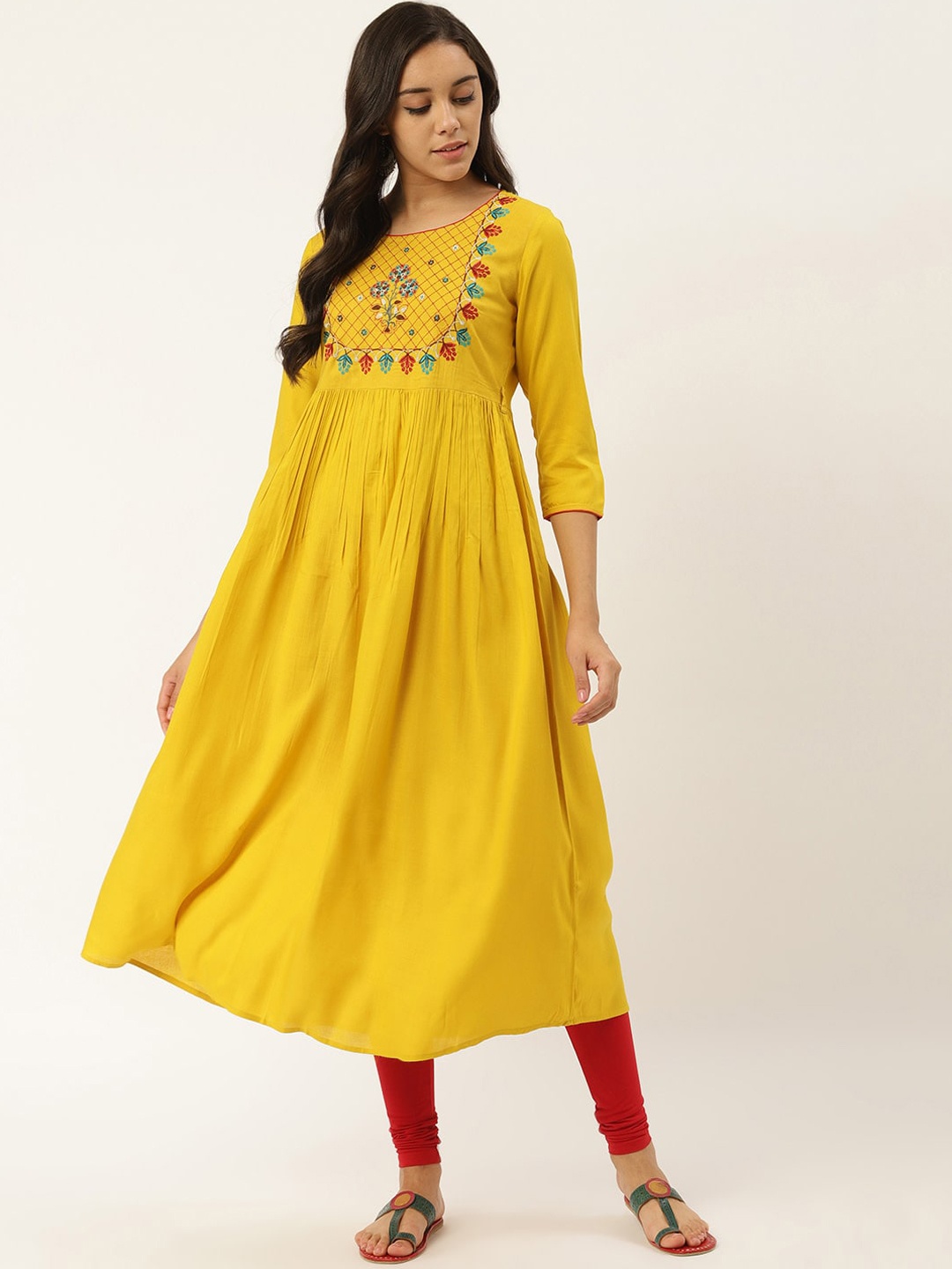 

RANGMAYEE Floral Yoke Design Cotton Thread Work Anarkali Kurta, Mustard