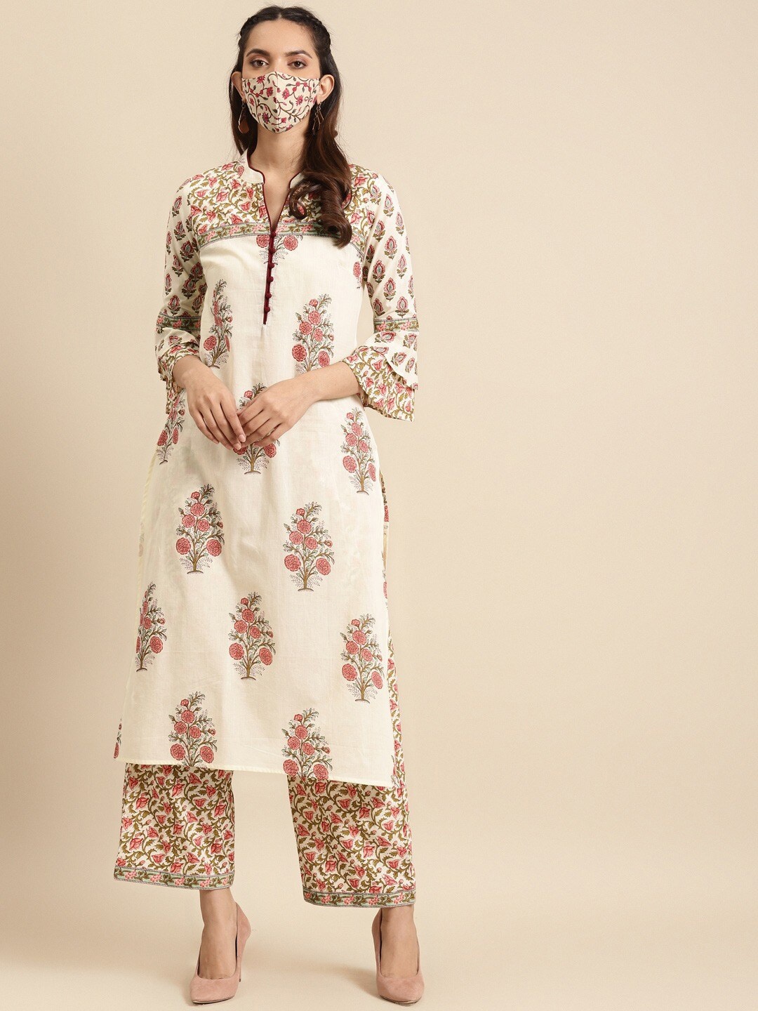

RANGMAYEE Floral Printed Regular Pure Cotton Kurta With Trousers, Cream