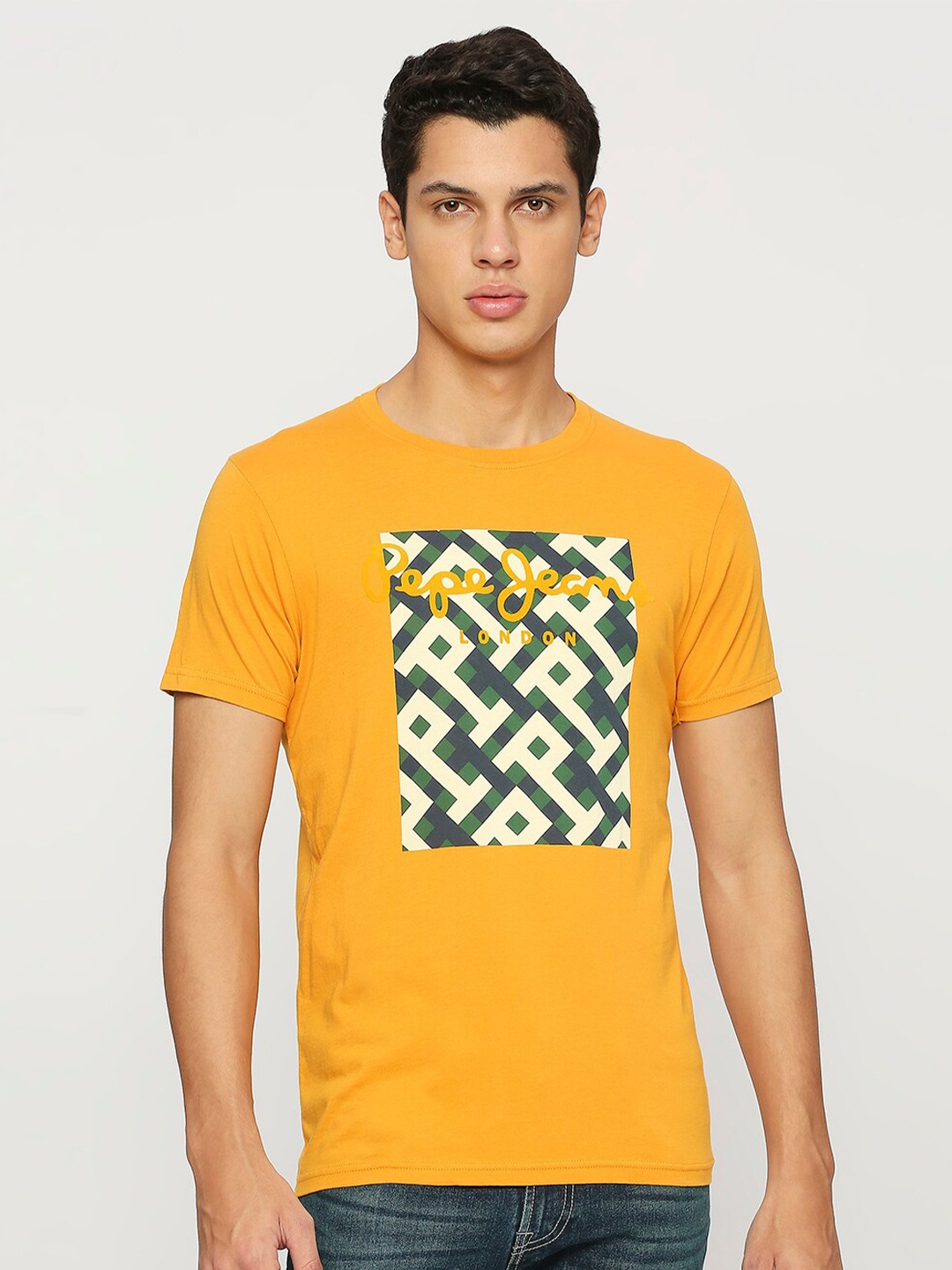 

Pepe Jeans Graphic Printed Round Neck Slim Fit Pure Cotton T-shirt, Yellow