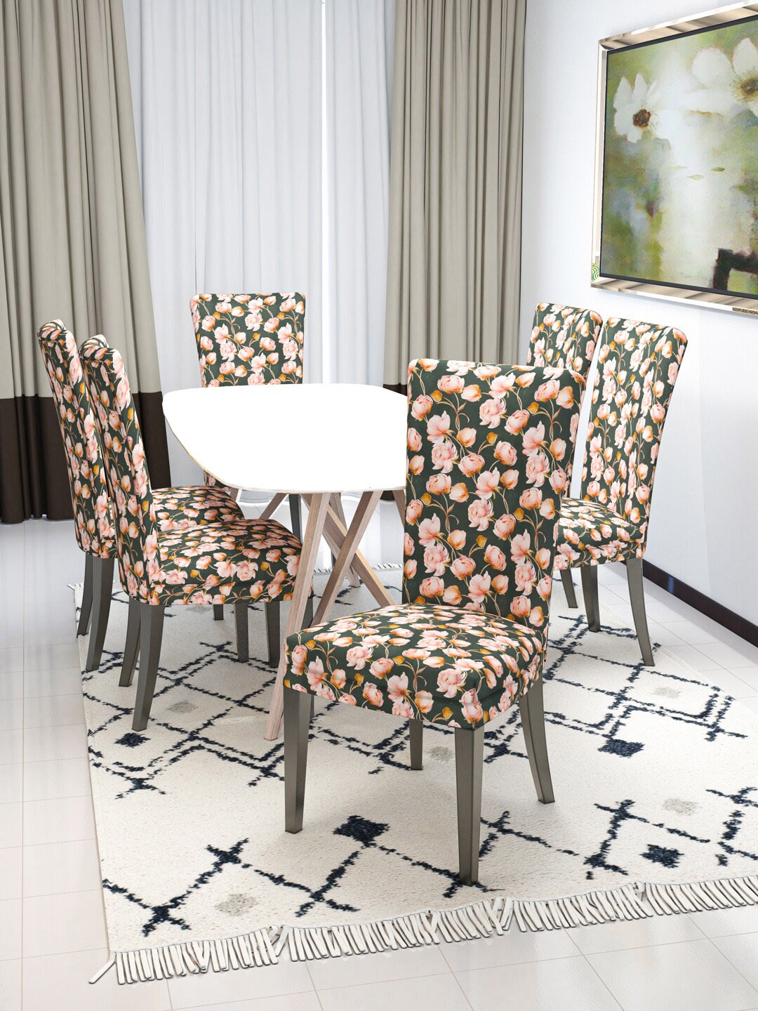 

Nendle Peach Coloured & Green 6-Pieces Printed Chair Covers