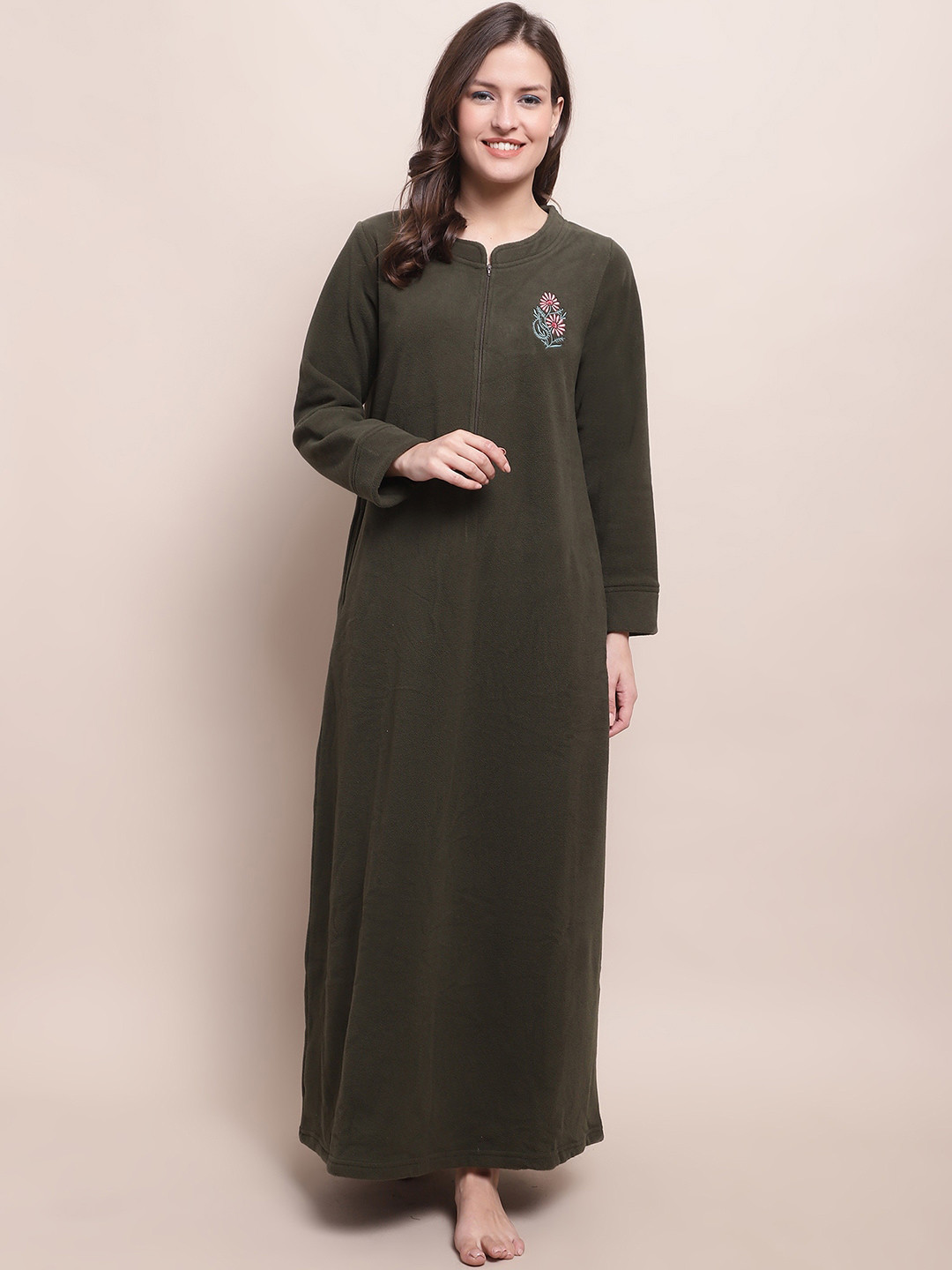 

Kanvin Olive Green Embroidered Fleece Maxi Nightdress