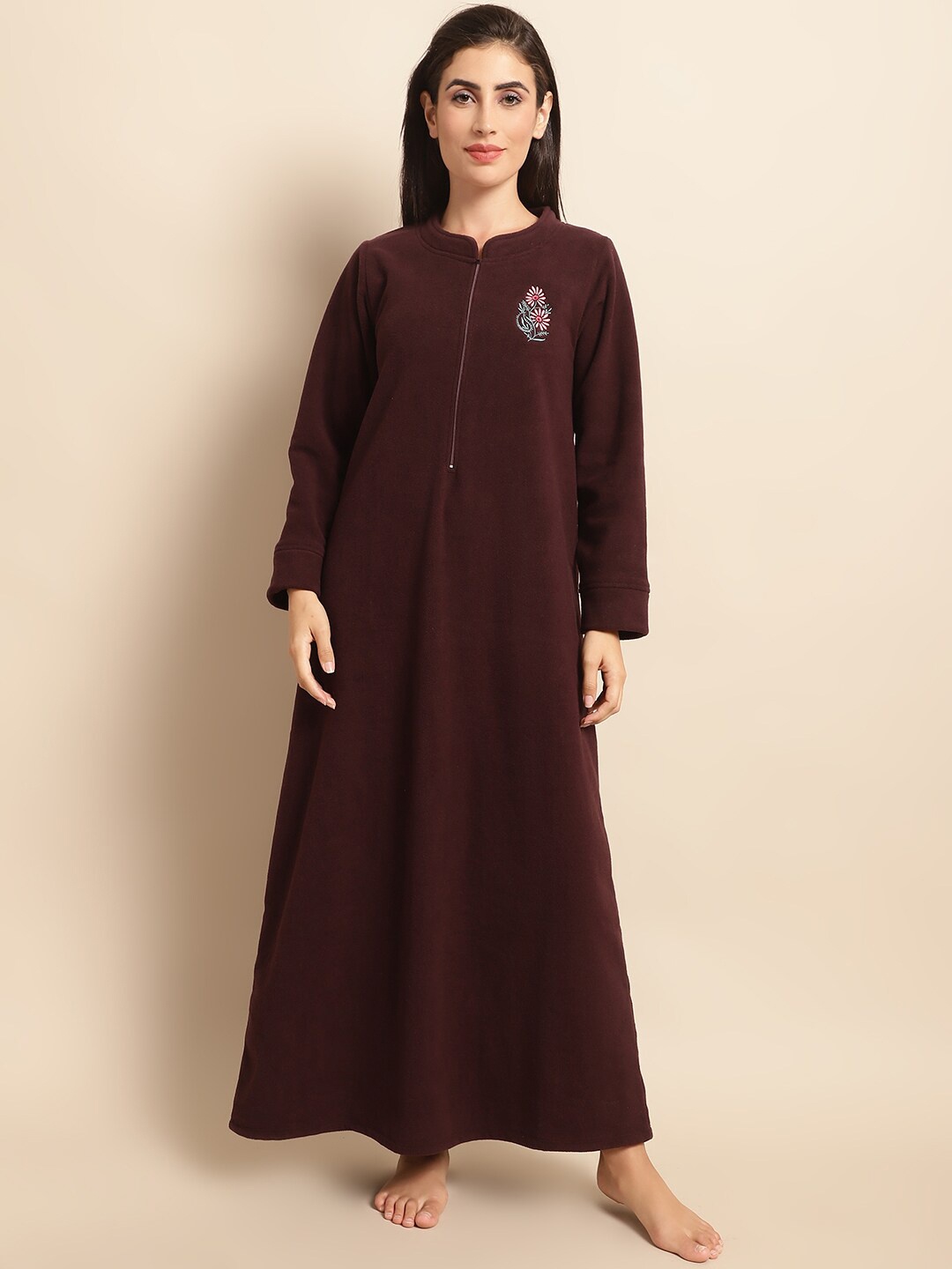 

Kanvin Maroon Embroidered Fleece Maxi Nightdress