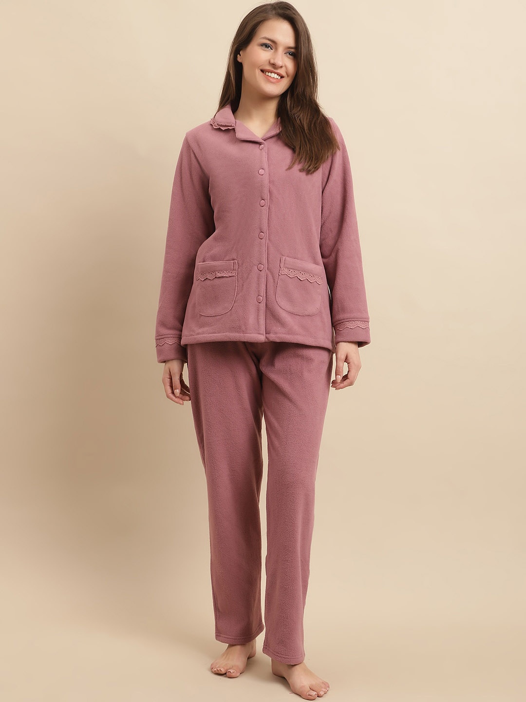 

Kanvin Pink Lapel Collar Long Sleeves Night suit