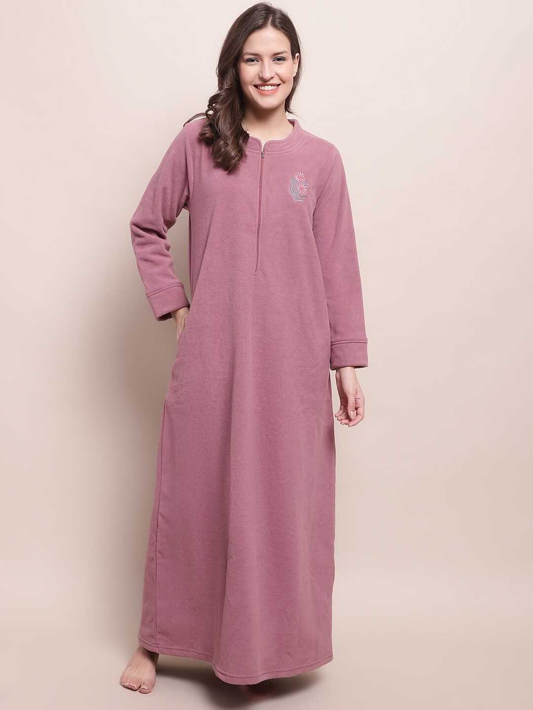 

Kanvin Pink Embroidered Fleece Maxi Nightdress