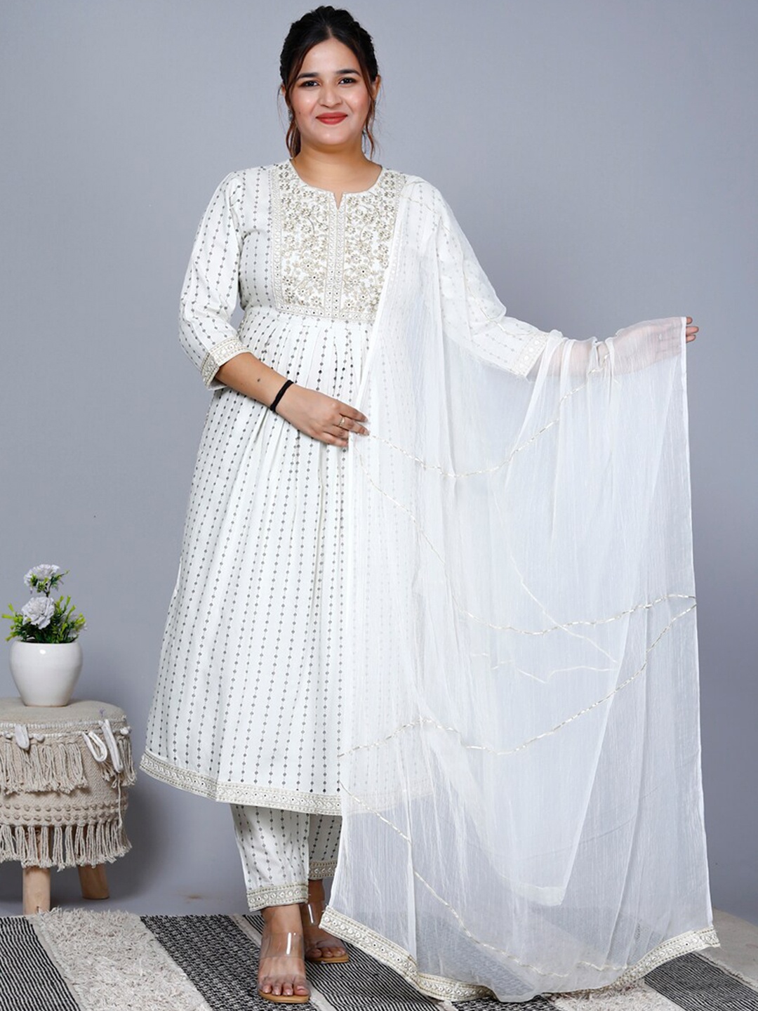 

HERE&NOW Geometric Printed Thread Work Pleated A-Line Kurta & Trouser With Dupatta, White