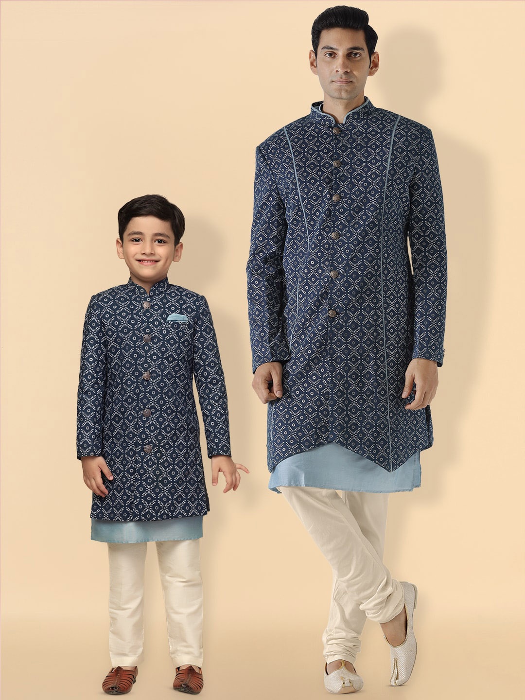 

KISAH Men Printed Cotton Kurta Indowestern Sherwani Set, Blue