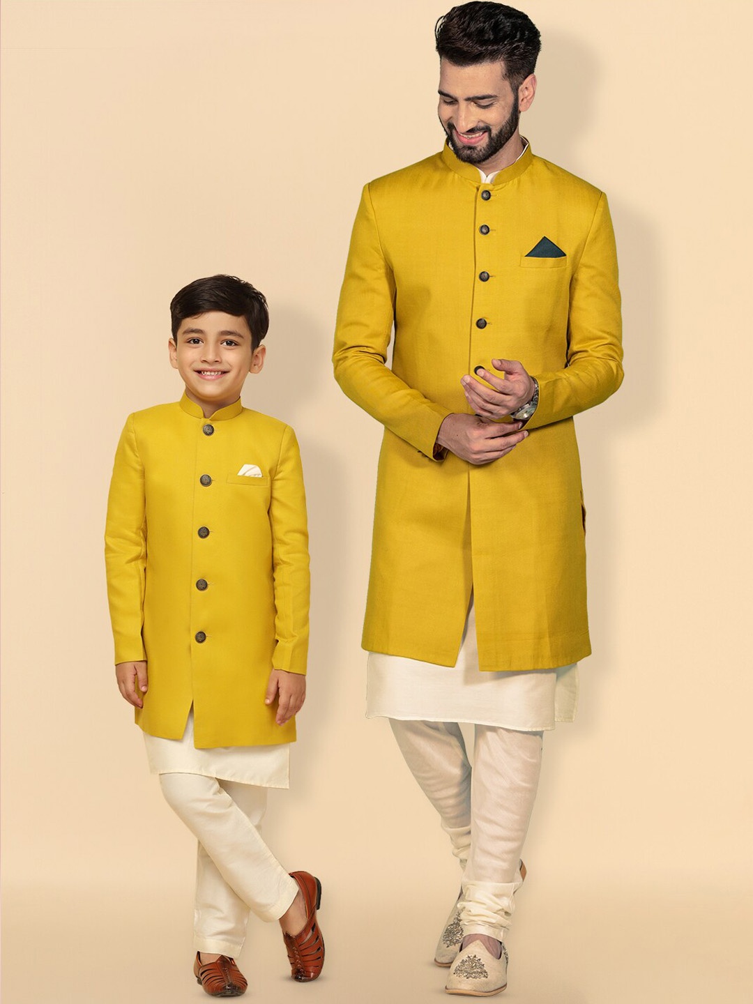 

KISAH Men Boys Cotton Kurta Indowestern Sherwani Set, Mustard