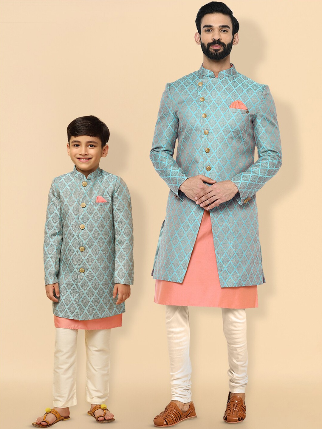 

KISAH Boys Cotton Self-Design Kurta Indowestern Sherwani Set, Blue